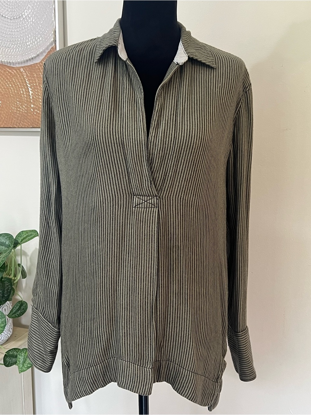 Free People On The Road Striped Tunic Shirt Oversized Split V-Neck Green Size S
